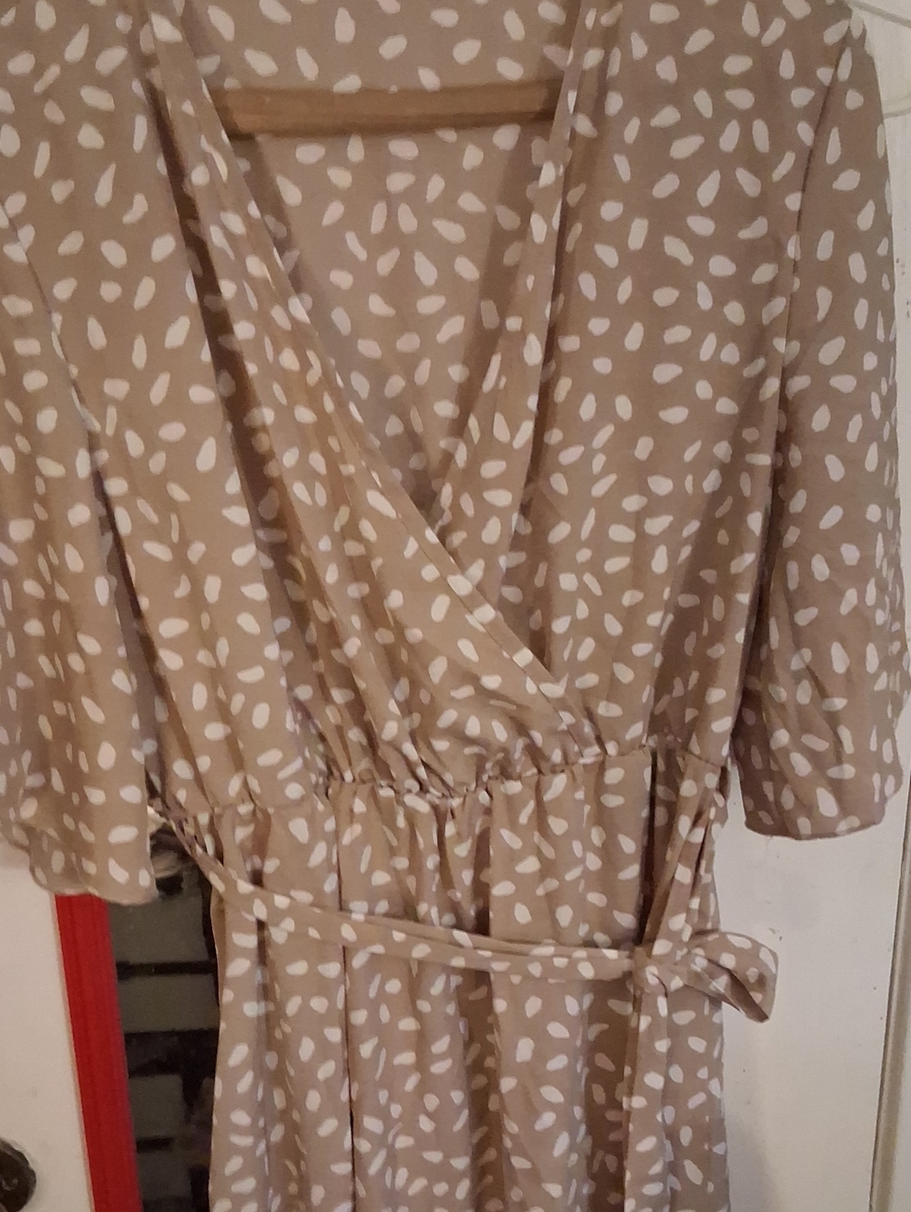 Source Unknown Beige and White Polka Dot Wrap Dress